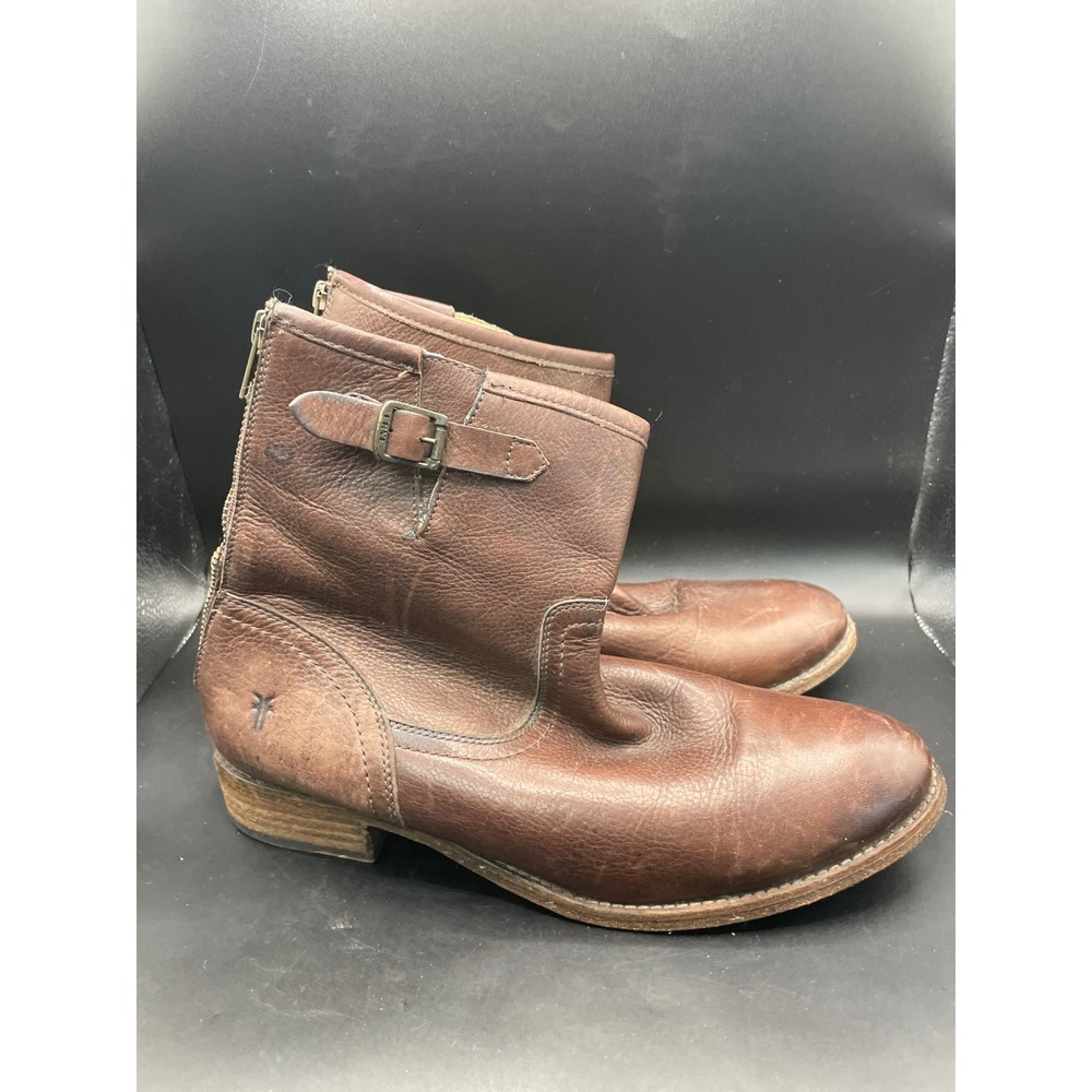 Frye Veronica Back Zip Short Brown Leather Moto Ankle Boots Buckle Detail